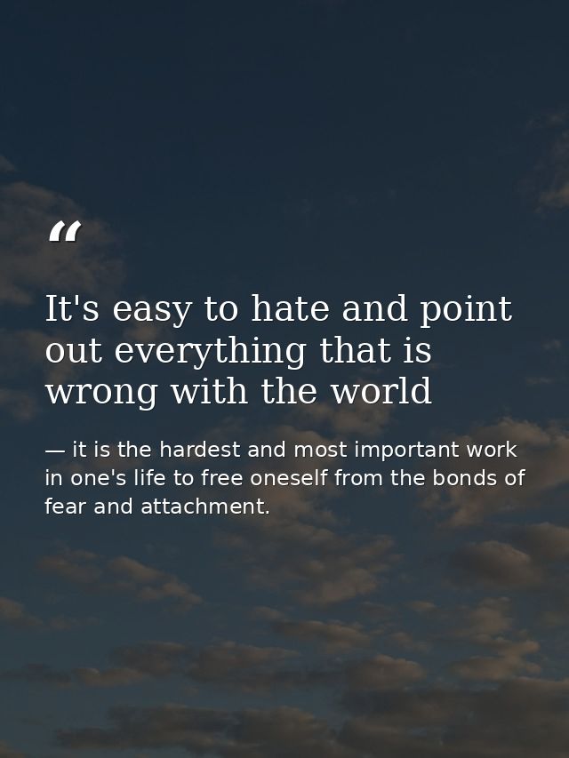 It's easy to hate and point out everything that is wrong with the world — it is the hardest and most important work in one's life to free oneself from the bonds of fear and attachment.
