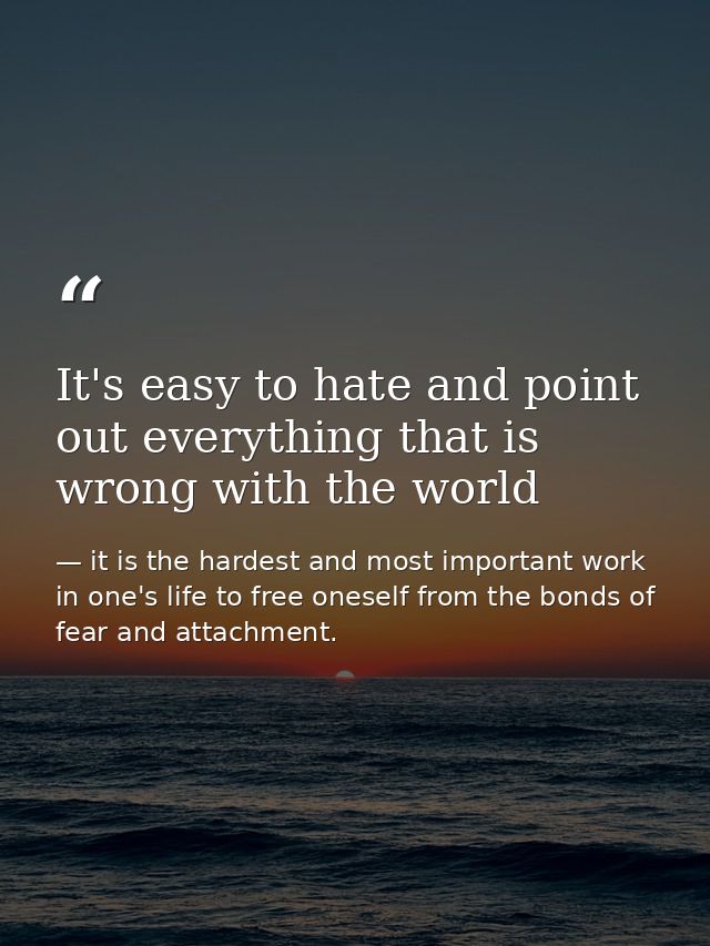 It's easy to hate and point out everything that is wrong with the world — it is the hardest and most important work in one's life to free oneself from the bonds of fear and attachment.