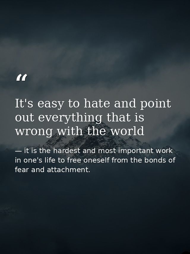 It's easy to hate and point out everything that is wrong with the world — it is the hardest and most important work in one's life to free oneself from the bonds of fear and attachment.