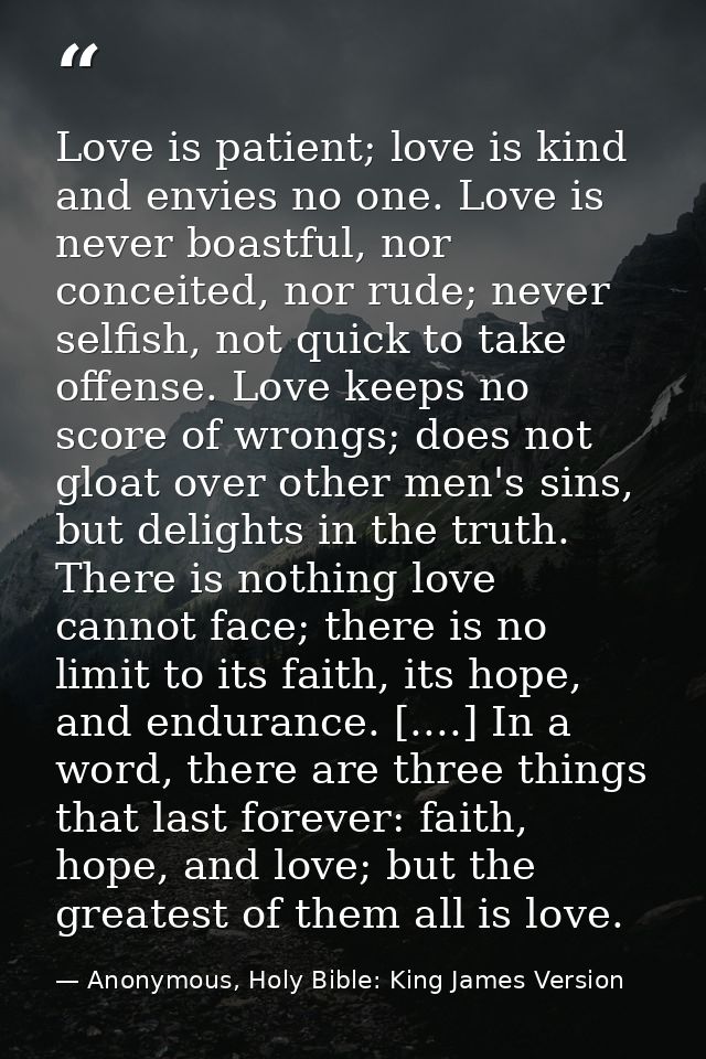 Love is patient; love is kind and envies no one. Love is never boastful, nor conceited, nor rude; never selfish, not qui — Anonymous, Holy Bible: King James Version