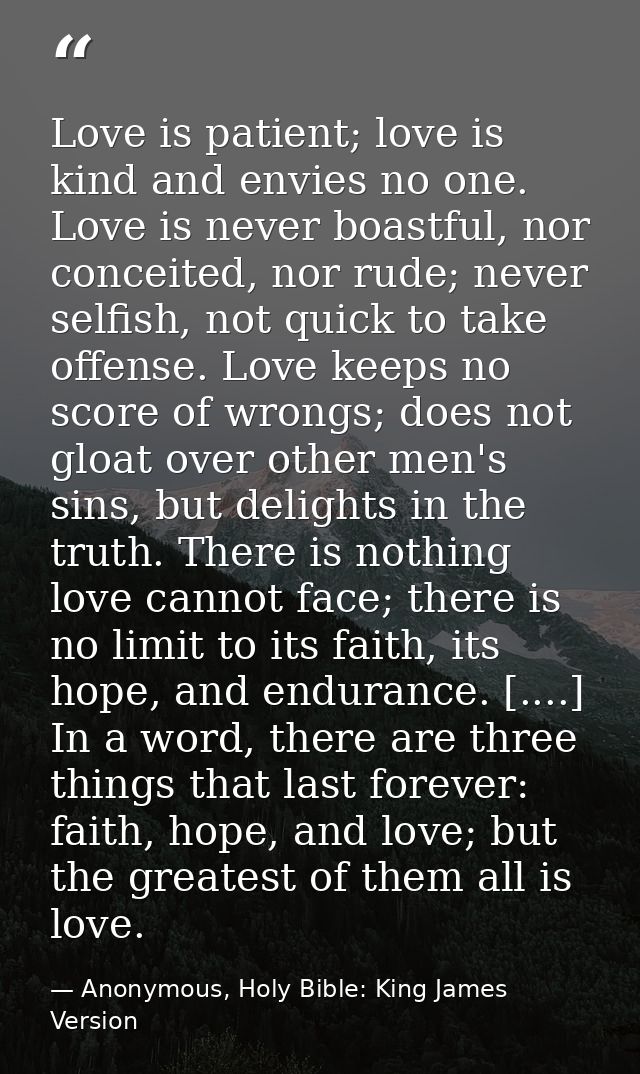 Love is patient; love is kind and envies no one. Love is never boastful, nor conceited, nor rude; never selfish, not qui — Anonymous, Holy Bible: King James Version