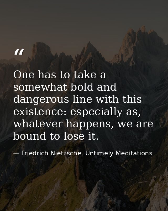 One has to take a somewhat bold and dangerous line with this existence: especially as, whatever happens, we are bound to — Friedrich Nietzsche, Untimely Meditations