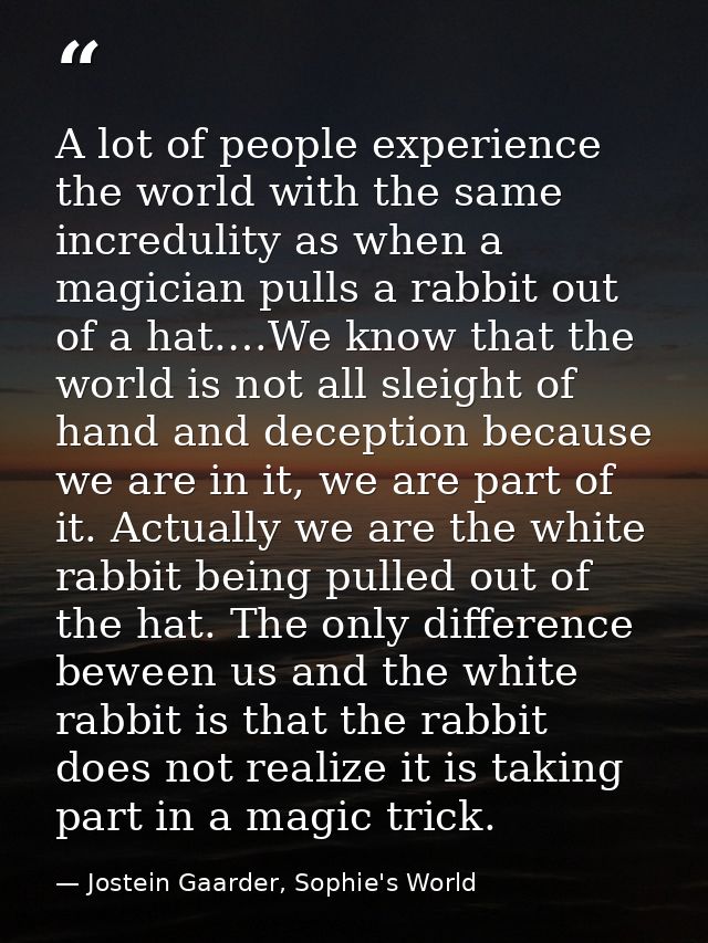 A lot of people experience the world with the same incredulity as when a magician pulls a rabbit out of a hat.…We know t — Jostein Gaarder, Sophie's World