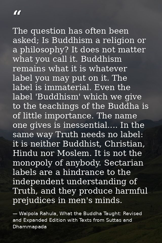 The question has often been asked; Is Buddhism a religion or a philosophy? It does not matter what you call it. Buddhism — Walpola Rahula, What the Buddha Taught: Revised and Expanded Edition with Texts from Suttas and Dhammapada