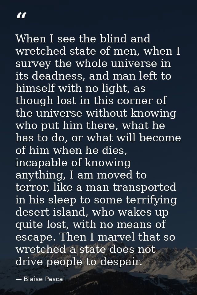 When I see the blind and wretched state of men, when I survey the whole universe in its deadness, and man left to himsel — Blaise Pascal