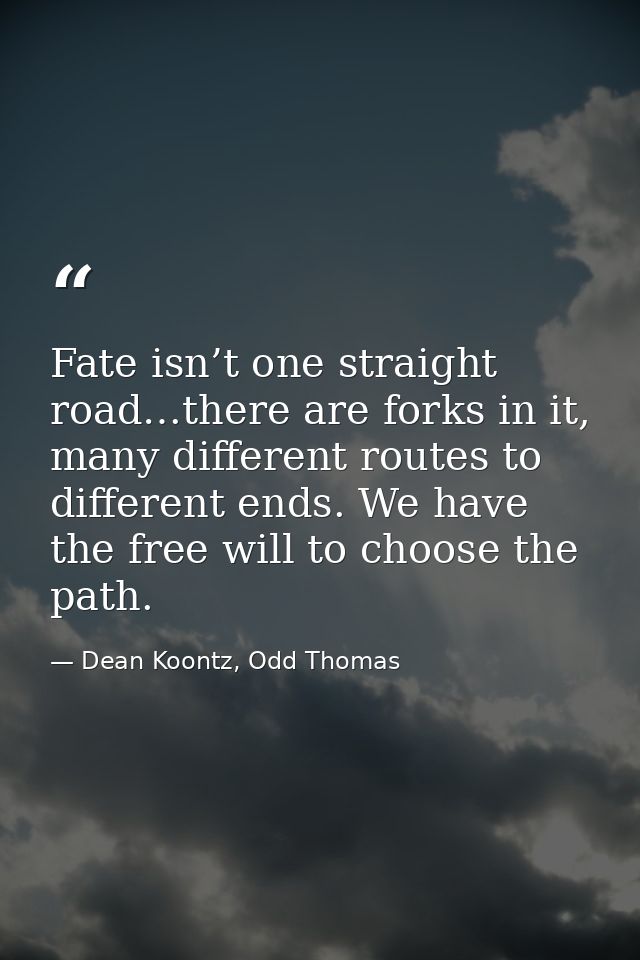 Fate isn’t one straight road…there are forks in it, many different routes to different ends. We have the free will to ch — Dean Koontz, Odd Thomas