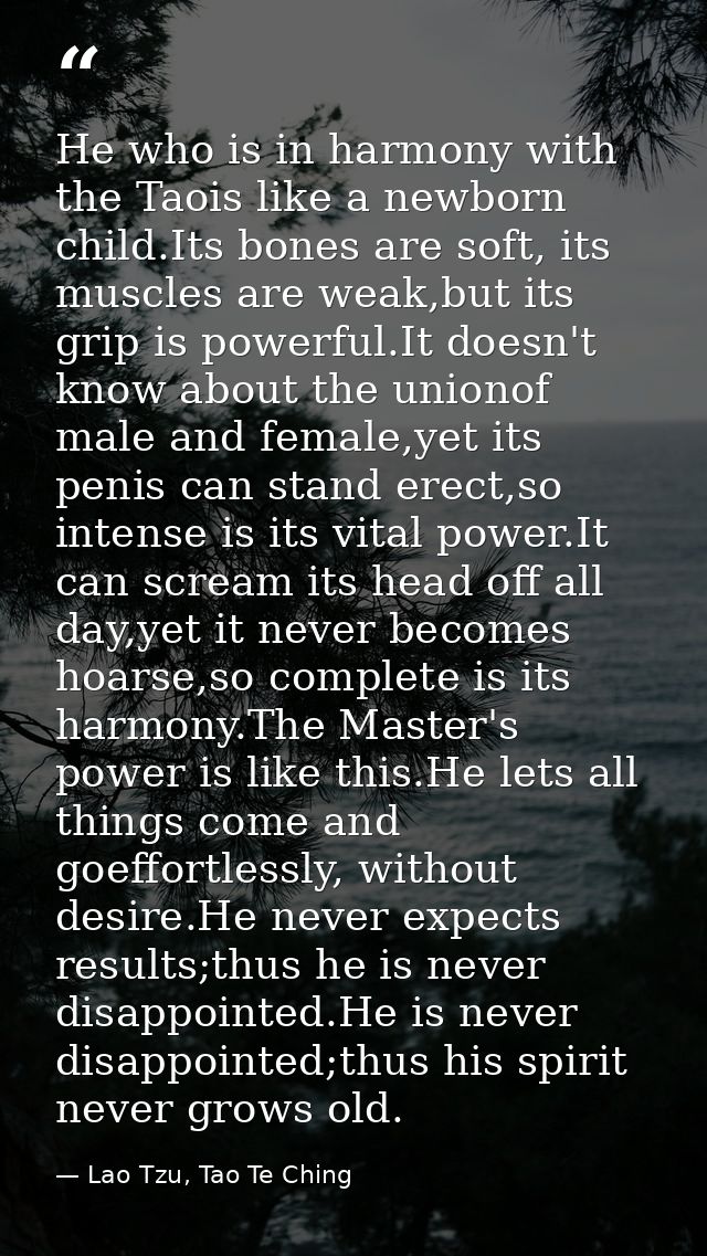He who is in harmony with the Taois like a newborn child.Its bones are soft, its muscles are weak,but its grip is powerf — Lao Tzu, Tao Te Ching