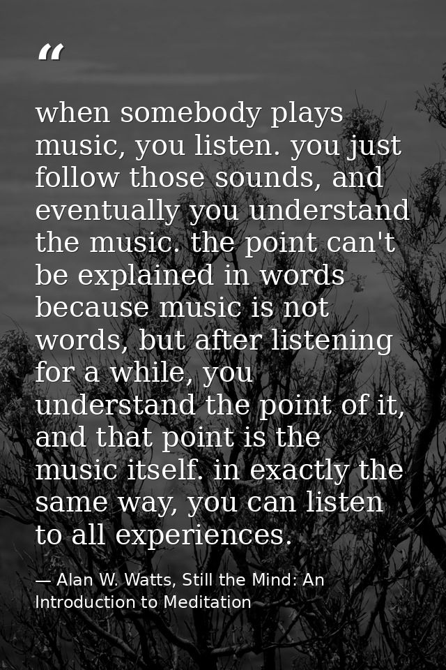 when somebody plays music, you listen. you just follow those sounds, and eventually you understand the music. the point  — Alan W. Watts, Still the Mind: An Introduction to Meditation