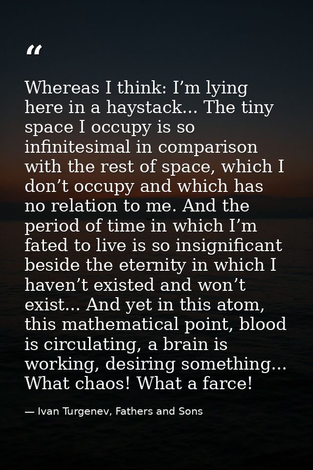 Whereas I think: I’m lying here in a haystack... The tiny space I occupy is so infinitesimal in comparison with the rest — Ivan Turgenev, Fathers and Sons