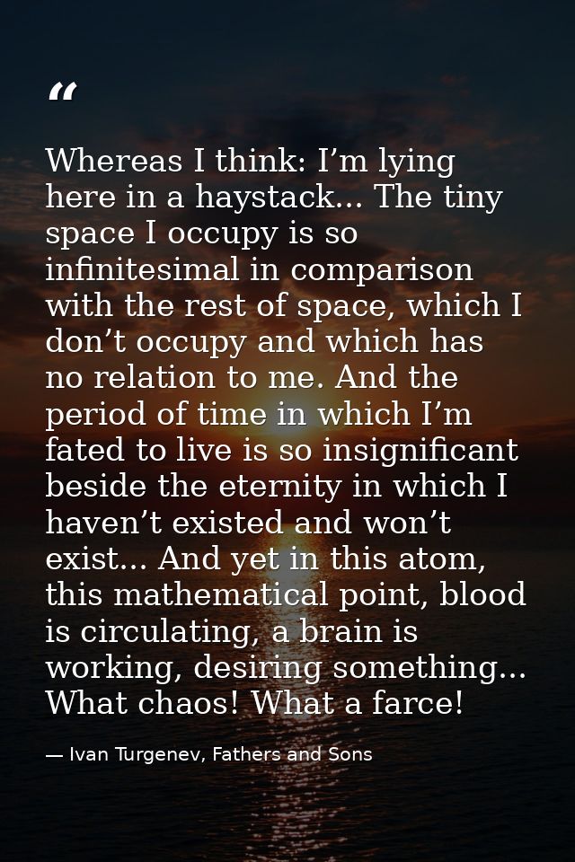 Whereas I think: I’m lying here in a haystack... The tiny space I occupy is so infinitesimal in comparison with the rest — Ivan Turgenev, Fathers and Sons