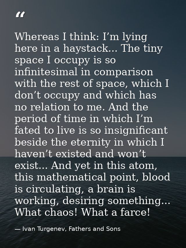 Whereas I think: I’m lying here in a haystack... The tiny space I occupy is so infinitesimal in comparison with the rest — Ivan Turgenev, Fathers and Sons