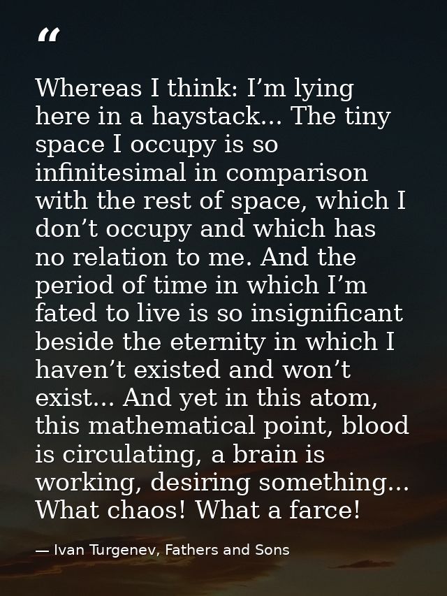 Whereas I think: I’m lying here in a haystack... The tiny space I occupy is so infinitesimal in comparison with the rest — Ivan Turgenev, Fathers and Sons