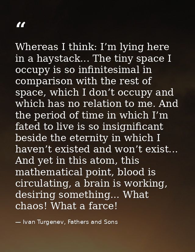 Whereas I think: I’m lying here in a haystack... The tiny space I occupy is so infinitesimal in comparison with the rest — Ivan Turgenev, Fathers and Sons
