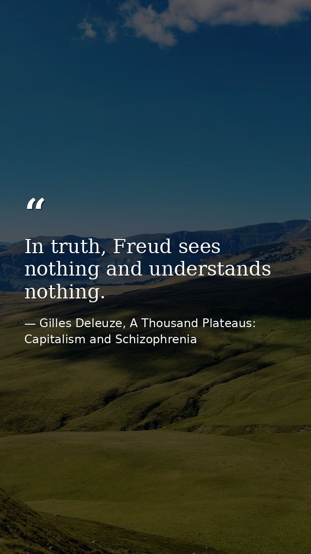 In truth, Freud sees nothing and understands nothing. — Gilles Deleuze, A Thousand Plateaus: Capitalism and Schizophrenia