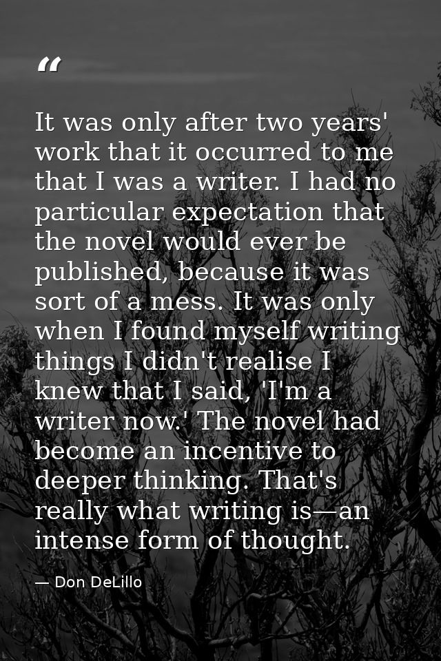 It was only after two years' work that it occurred to me that I was a writer. I had no particular expectation that the n — Don DeLillo