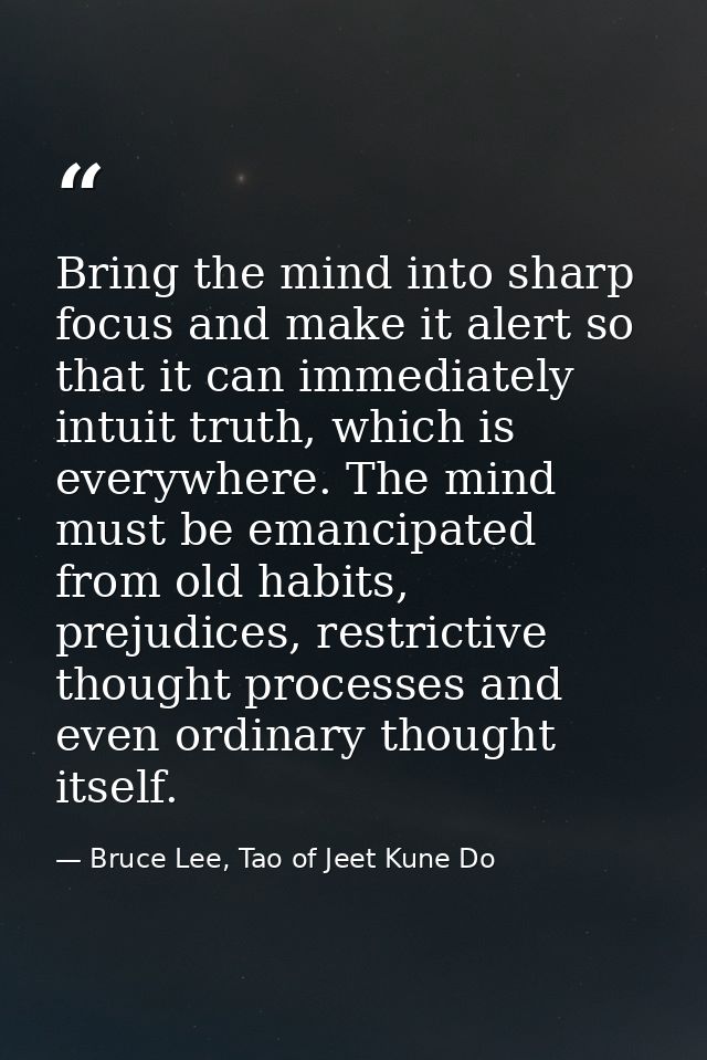 Bring the mind into sharp focus and make it alert so that it can immediately intuit truth, which is everywhere. The mind — Bruce Lee, Tao of Jeet Kune Do