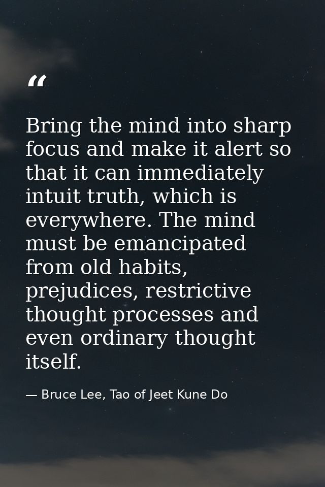 Bring the mind into sharp focus and make it alert so that it can immediately intuit truth, which is everywhere. The mind — Bruce Lee, Tao of Jeet Kune Do