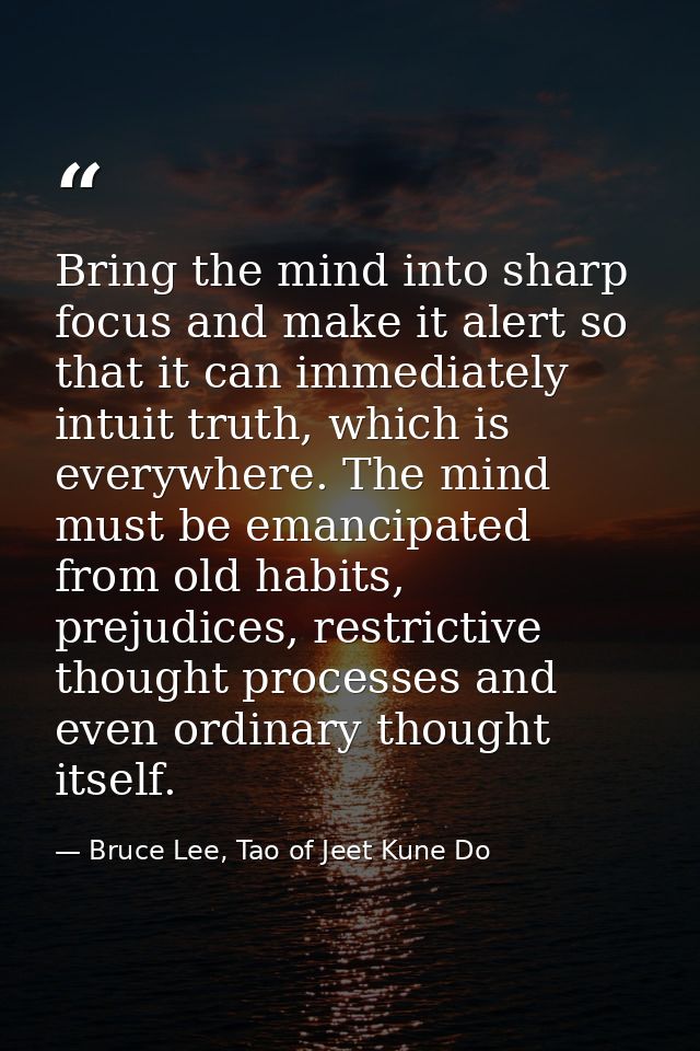 Bring the mind into sharp focus and make it alert so that it can immediately intuit truth, which is everywhere. The mind — Bruce Lee, Tao of Jeet Kune Do