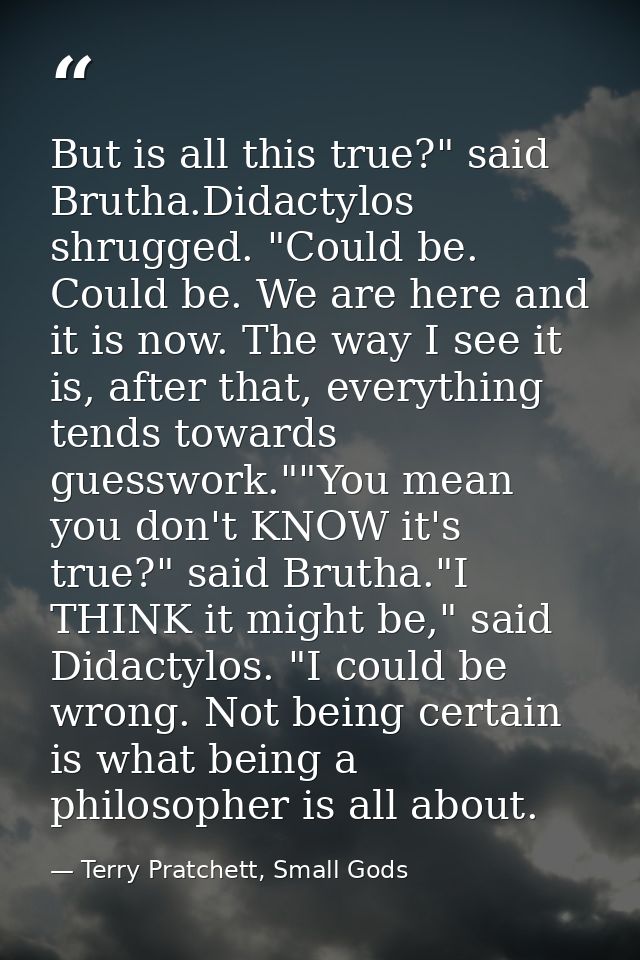But is all this true?" said Brutha.Didactylos shrugged. "Could be. Could be. We are here and it is now. The way I see it — Terry Pratchett, Small Gods