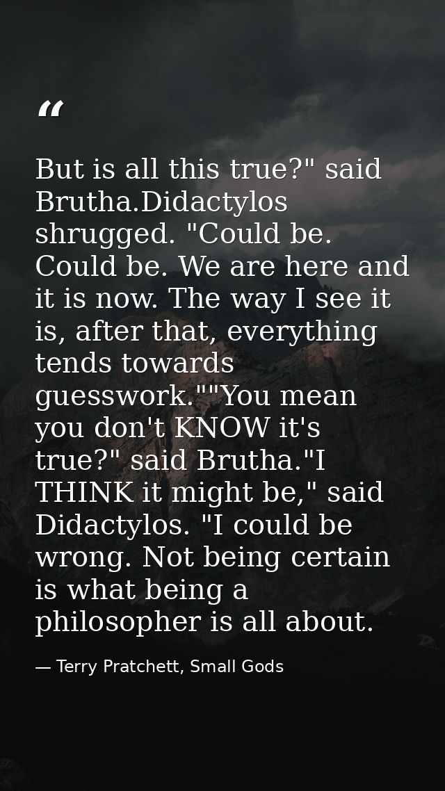 But is all this true?" said Brutha.Didactylos shrugged. "Could be. Could be. We are here and it is now. The way I see it — Terry Pratchett, Small Gods