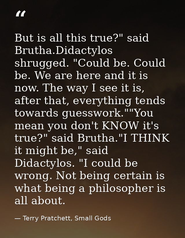 But is all this true?" said Brutha.Didactylos shrugged. "Could be. Could be. We are here and it is now. The way I see it — Terry Pratchett, Small Gods