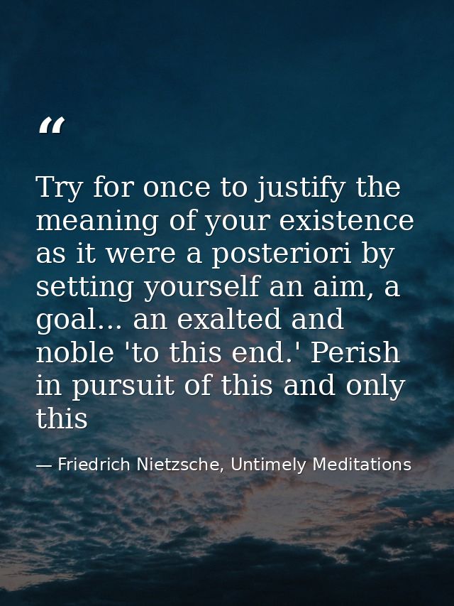 Try for once to justify the meaning of your existence as it were a posteriori by setting yourself an aim, a goal... an e — Friedrich Nietzsche, Untimely Meditations