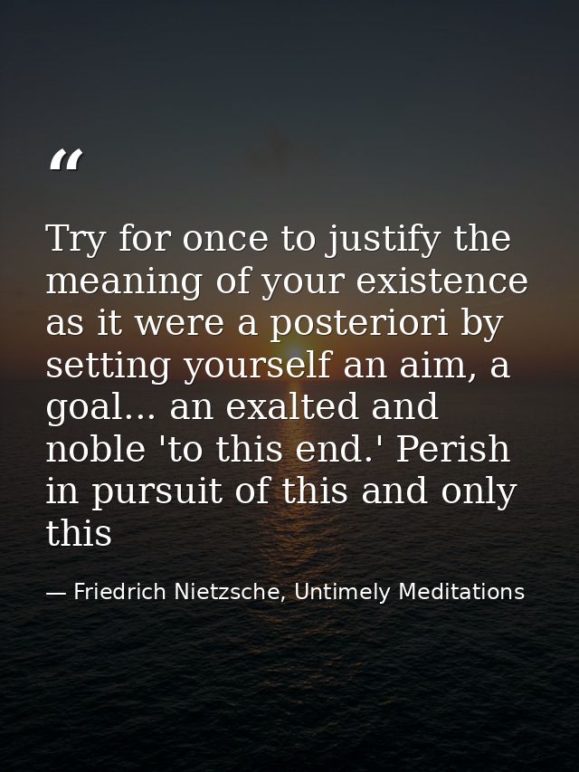Try for once to justify the meaning of your existence as it were a posteriori by setting yourself an aim, a goal... an e — Friedrich Nietzsche, Untimely Meditations