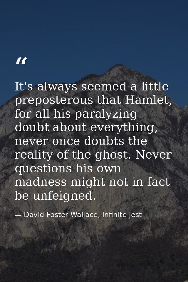It's always seemed a little preposterous that Hamlet, for all his paralyzing doubt about everything, never once doubts t — David Foster Wallace, Infinite Jest
