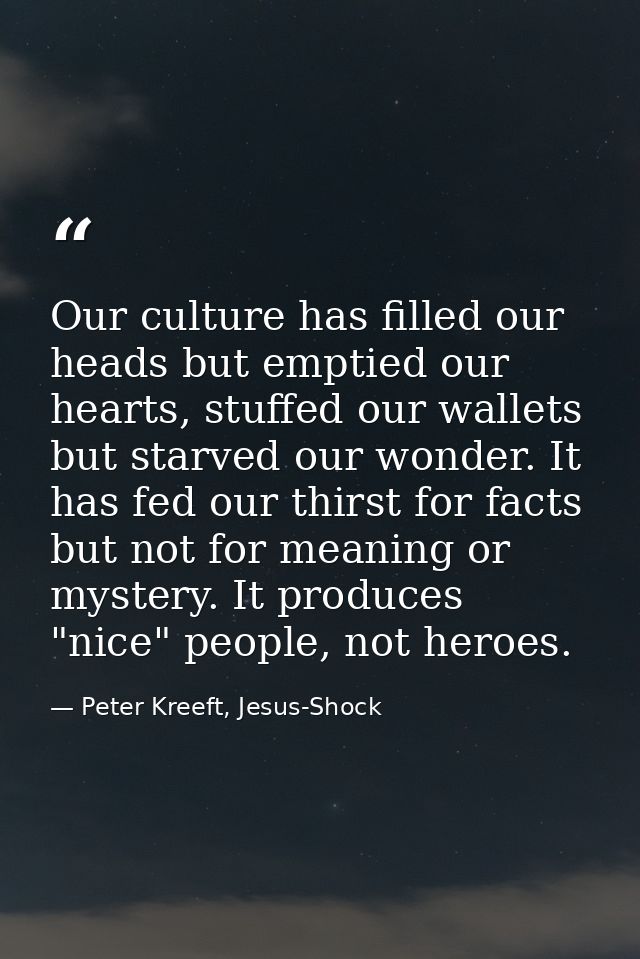 Our culture has filled our heads but emptied our hearts, stuffed our wallets but starved our wonder. It has fed our thir — Peter Kreeft, Jesus-Shock