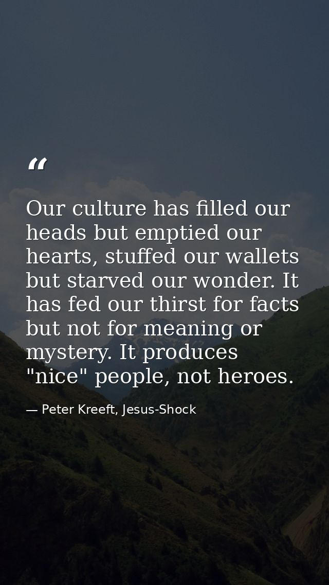 Our culture has filled our heads but emptied our hearts, stuffed our wallets but starved our wonder. It has fed our thir — Peter Kreeft, Jesus-Shock
