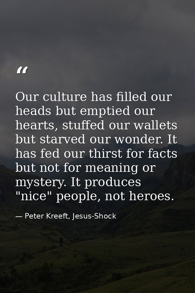 Our culture has filled our heads but emptied our hearts, stuffed our wallets but starved our wonder. It has fed our thir — Peter Kreeft, Jesus-Shock