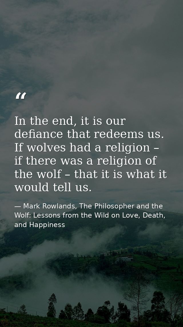 In the end, it is our defiance that redeems us. If wolves had a religion – if there was a religion of the wolf – that it — Mark Rowlands, The Philosopher and the Wolf: Lessons from the Wild on Love, Death, and Happiness