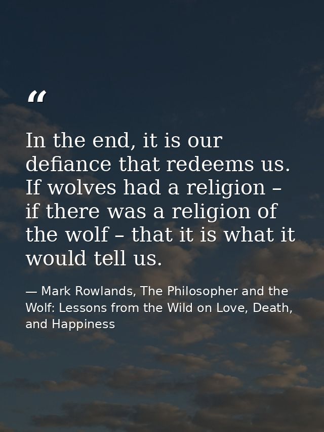 In the end, it is our defiance that redeems us. If wolves had a religion – if there was a religion of the wolf – that it — Mark Rowlands, The Philosopher and the Wolf: Lessons from the Wild on Love, Death, and Happiness
