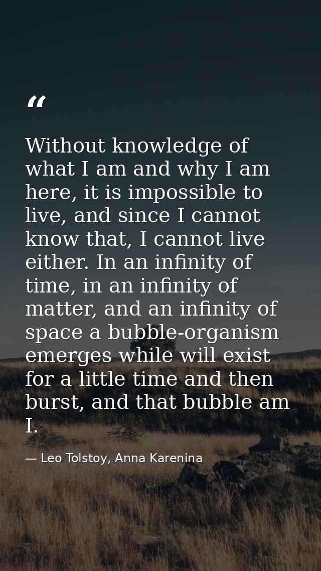 Without knowledge of what I am and why I am here, it is impossible to live, and since I cannot know that, I cannot live  — Leo Tolstoy, Anna Karenina