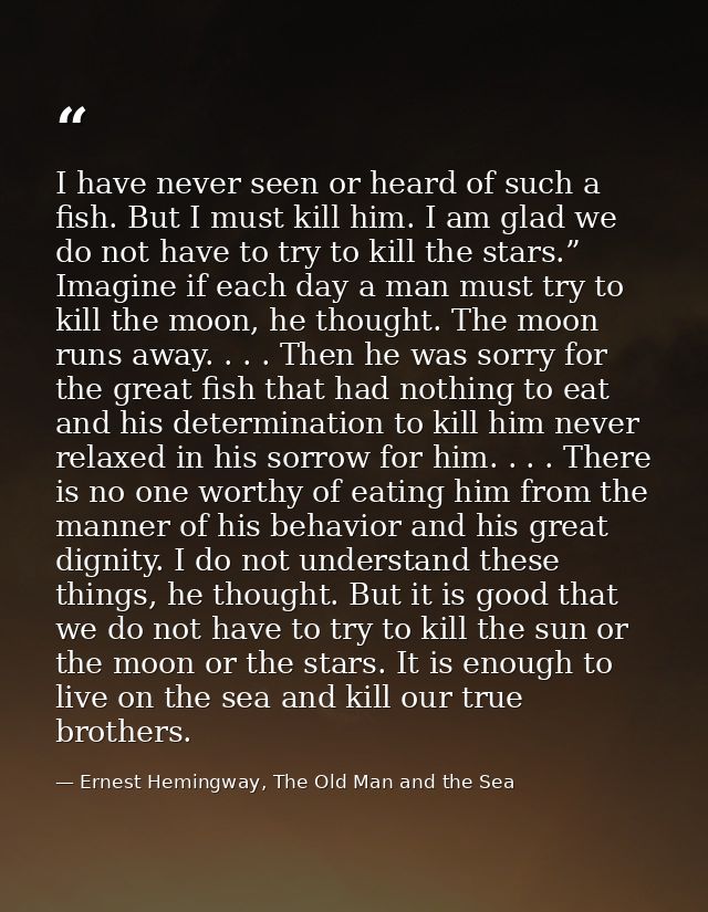 I have never seen or heard of such a fish. But I must kill him. I am glad we do not have to try to kill the stars.” Imag — Ernest Hemingway, The Old Man and the Sea