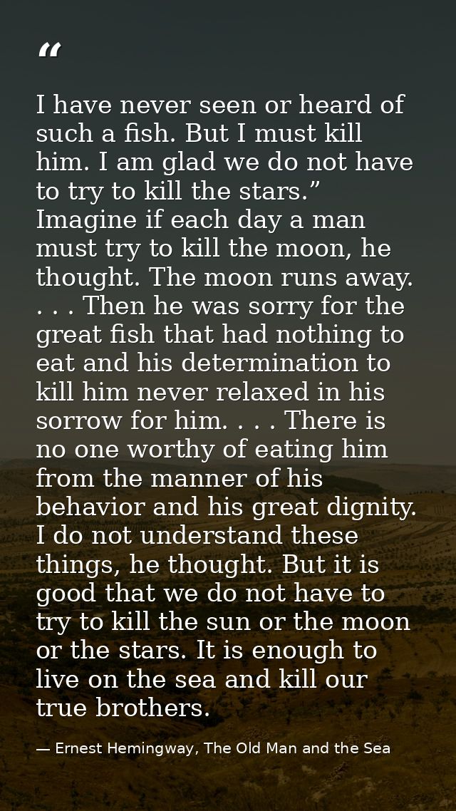 I have never seen or heard of such a fish. But I must kill him. I am glad we do not have to try to kill the stars.” Imag — Ernest Hemingway, The Old Man and the Sea