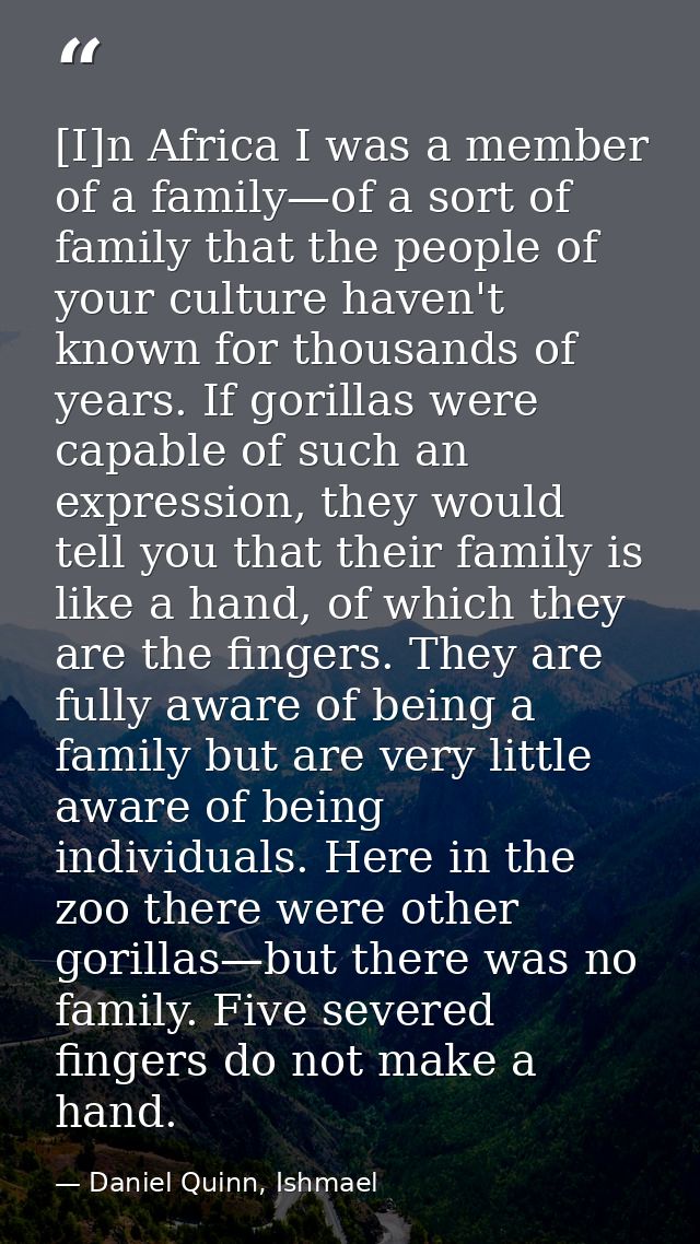 [I]n Africa I was a member of a family—of a sort of family that the people of your culture haven't known for thousands o — Daniel Quinn, Ishmael