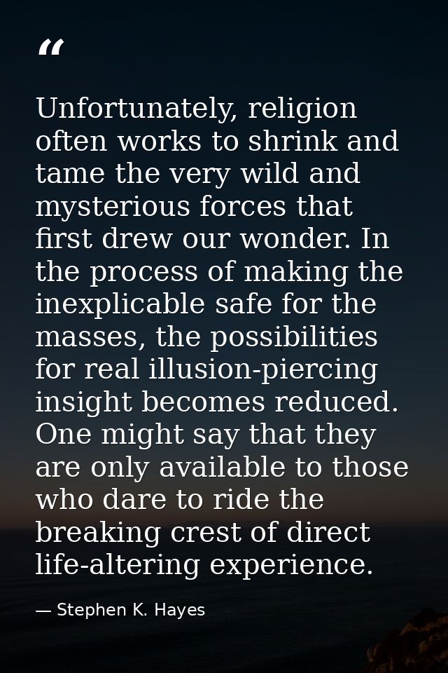 Unfortunately, religion often works to shrink and tame the very wild and mysterious forces that first drew our wonder. I — Stephen K. Hayes