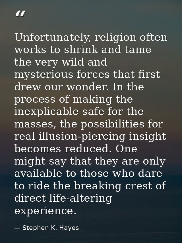 Unfortunately, religion often works to shrink and tame the very wild and mysterious forces that first drew our wonder. I — Stephen K. Hayes