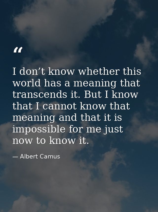 I don’t know whether this world has a meaning that transcends it. But I know that I cannot know that meaning and that it — Albert Camus