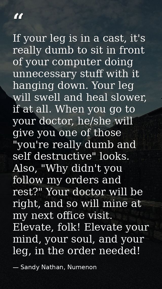 If your leg is in a cast, it's really dumb to sit in front of your computer doing unnecessary stuff with it hanging down — Sandy Nathan, Numenon