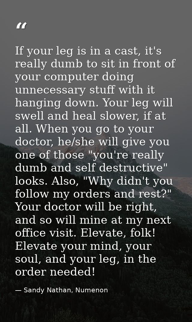 If your leg is in a cast, it's really dumb to sit in front of your computer doing unnecessary stuff with it hanging down — Sandy Nathan, Numenon
