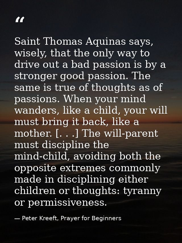 Saint Thomas Aquinas says, wisely, that the only way to drive out a bad passion is by a stronger good passion. The same  — Peter Kreeft, Prayer for Beginners