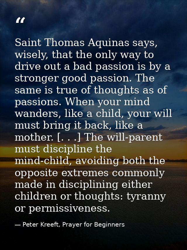 Saint Thomas Aquinas says, wisely, that the only way to drive out a bad passion is by a stronger good passion. The same  — Peter Kreeft, Prayer for Beginners