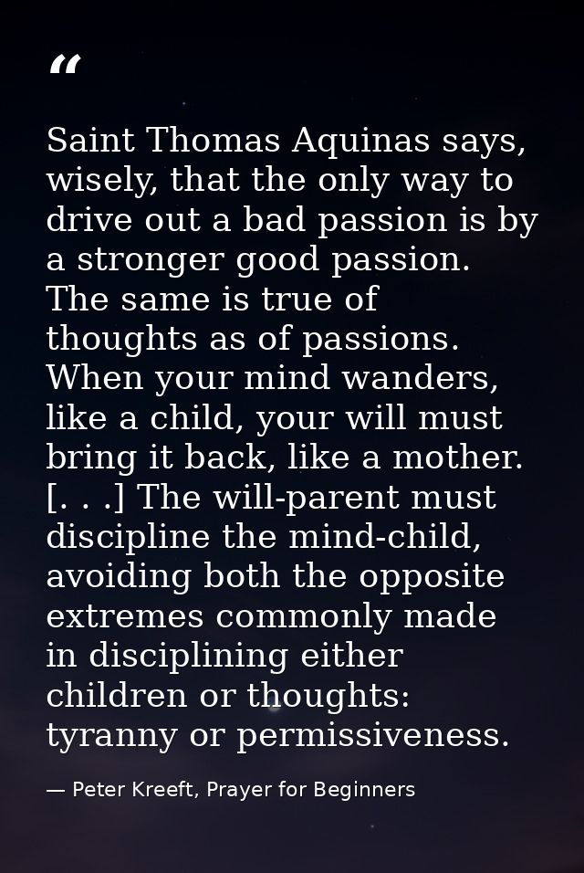 Saint Thomas Aquinas says, wisely, that the only way to drive out a bad passion is by a stronger good passion. The same  — Peter Kreeft, Prayer for Beginners