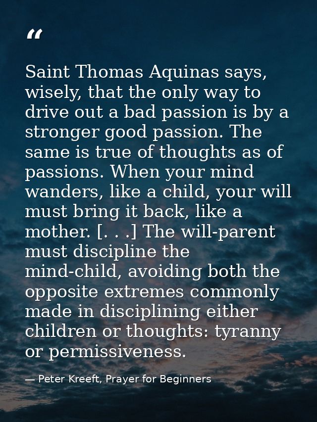 Saint Thomas Aquinas says, wisely, that the only way to drive out a bad passion is by a stronger good passion. The same  — Peter Kreeft, Prayer for Beginners