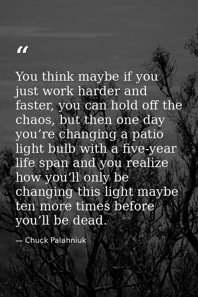 You think maybe if you just work harder and faster, you can hold off the chaos, but then one day you’re changing a patio — Chuck Palahniuk