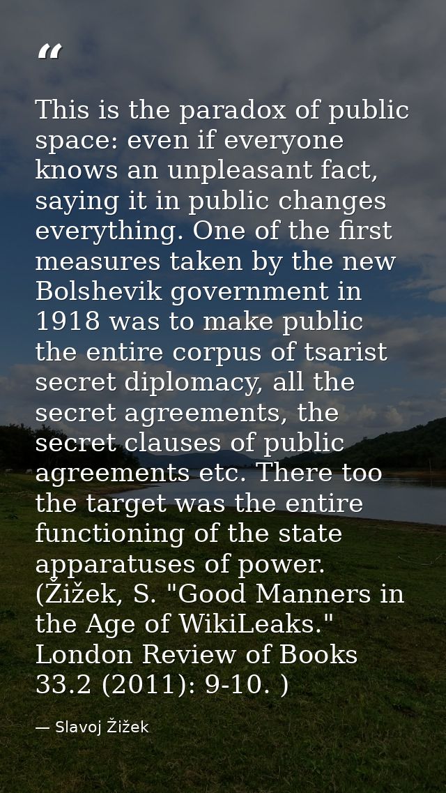 This is the paradox of public space: even if everyone knows an unpleasant fact, saying it in public changes everything.  — Slavoj Žižek