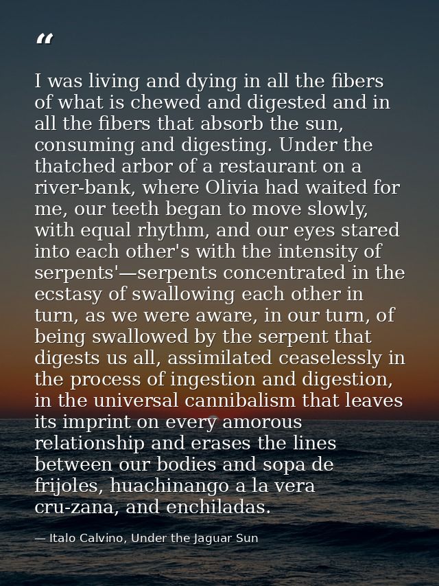 I was living and dying in all the fibers of what is chewed and digested and in all the fibers that absorb the sun, consu — Italo Calvino, Under the Jaguar Sun