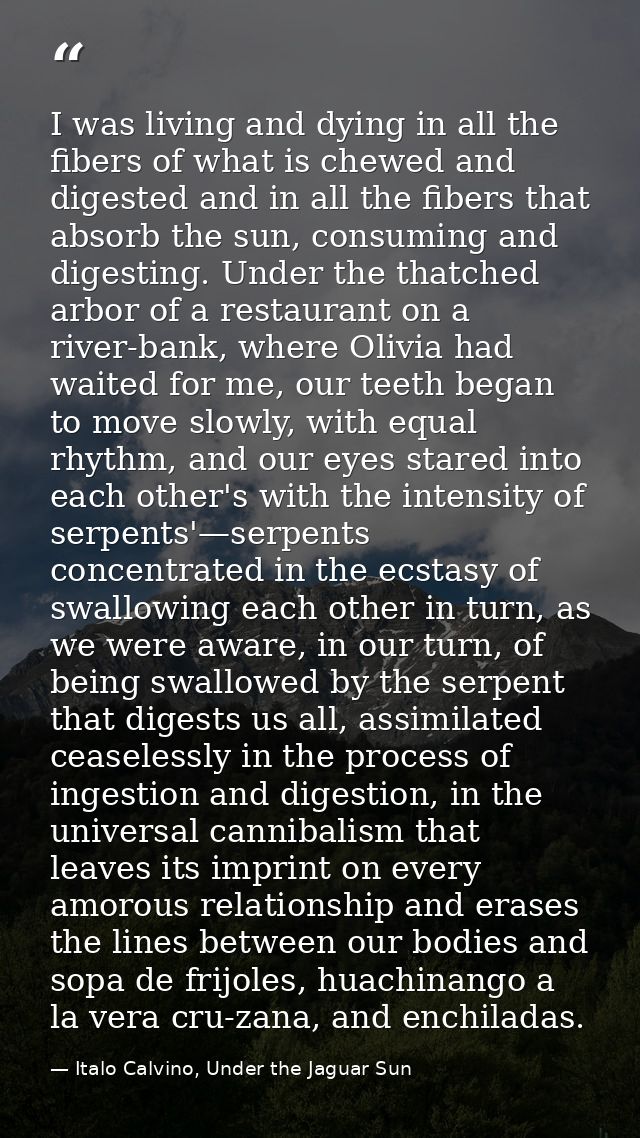I was living and dying in all the fibers of what is chewed and digested and in all the fibers that absorb the sun, consu — Italo Calvino, Under the Jaguar Sun
